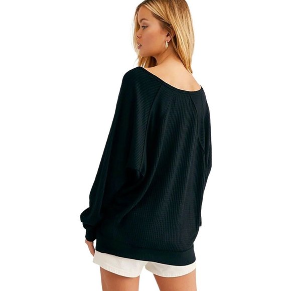 Free People BLACK Santa Clara Waffle Thermal Top - Picture 2 of 3